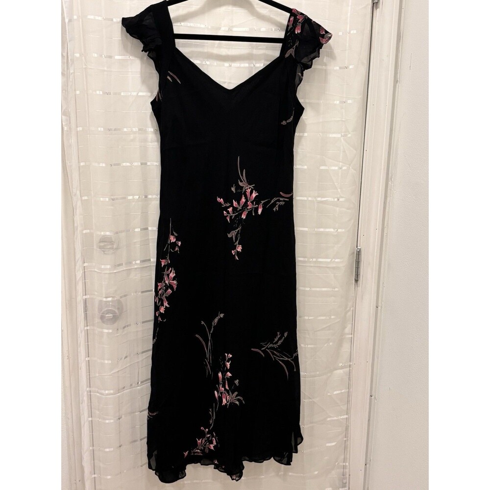 Evan Picone Black Floral Midi Dress Size 16 Ruffle Strap Evening Party - Picture 1 of 6